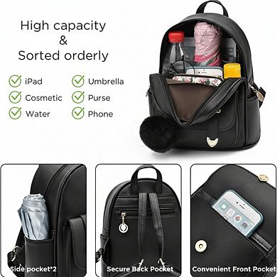 AKSZRI PU Leather Pompom Backpack - Mini Shoulder Bag Purse for Girls & Women