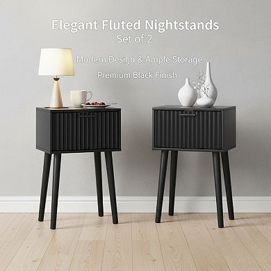 AKSZRI Mid-Century Nightstand Set of 2 with Fluted Doors - Modern Side Tables for Bedroom