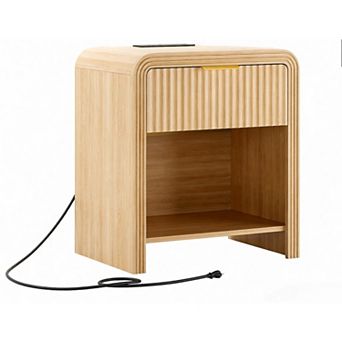 AKSZRI Nightstand with Charging Station - Modern Side Table with Gold Handles & Drawers, Natural Oak