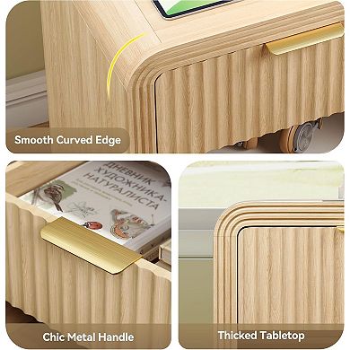 AKSZRI Nightstand with Charging Station - Modern Side Table with Gold Handles & Drawers, Natural Oak