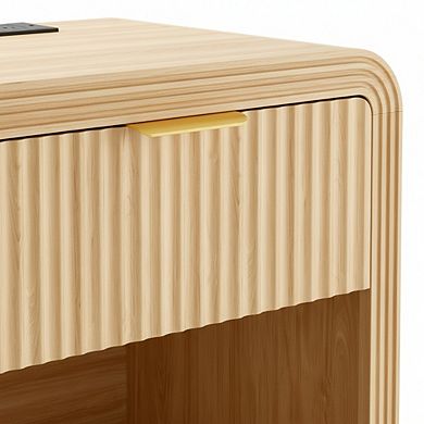 AKSZRI Nightstand with Charging Station - Modern Side Table with Gold Handles & Drawers, Natural Oak