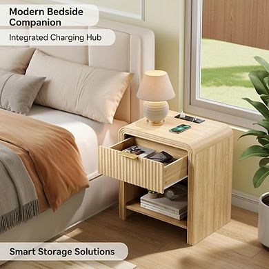 AKSZRI Nightstand with Charging Station - Modern Side Table with Gold Handles & Drawers, Natural Oak