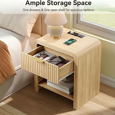 AKSZRI Nightstand with Charging Station - Modern Side Table with Gold Handles & Drawers, Natural Oak