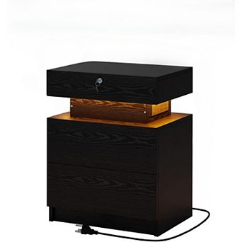 AKSZRI Modern Nightstand with Charging Station & LED Lights - 3 Drawers, USB, Lock