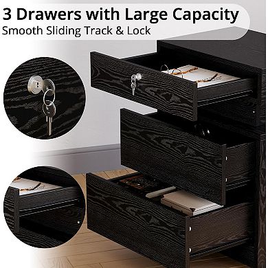 AKSZRI Modern Nightstand with Charging Station & LED Lights - 3 Drawers, USB, Lock