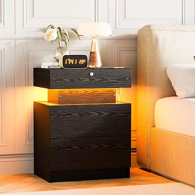 AKSZRI Modern Nightstand with Charging Station & LED Lights - 3 Drawers, USB, Lock