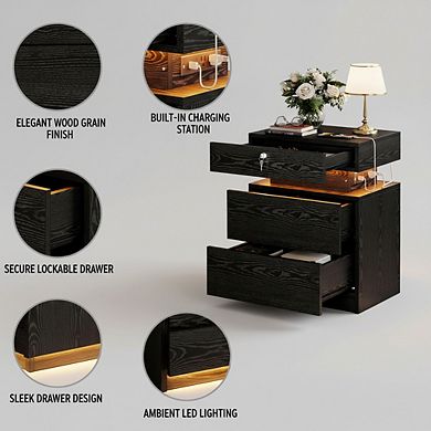 AKSZRI Modern Nightstand with Charging Station & LED Lights - 3 Drawers, USB, Lock