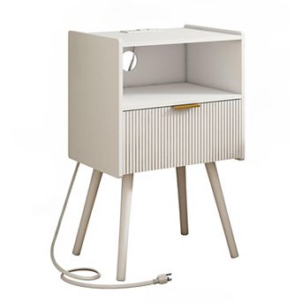 AKSZRI White Modern Nightstand with Outlet - Storage Drawer & Open Shelf for Living Room & Bedroom