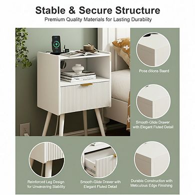 AKSZRI White Modern Nightstand with Outlet - Storage Drawer & Open Shelf for Living Room & Bedroom
