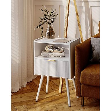 AKSZRI White Modern Nightstand with Outlet - Storage Drawer & Open Shelf for Living Room & Bedroom
