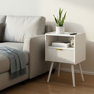 AKSZRI White Modern Nightstand with Outlet - Storage Drawer & Open Shelf for Living Room & Bedroom