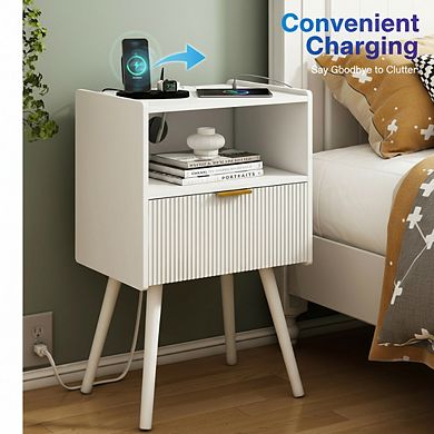 AKSZRI White Modern Nightstand with Outlet - Storage Drawer & Open Shelf for Living Room & Bedroom