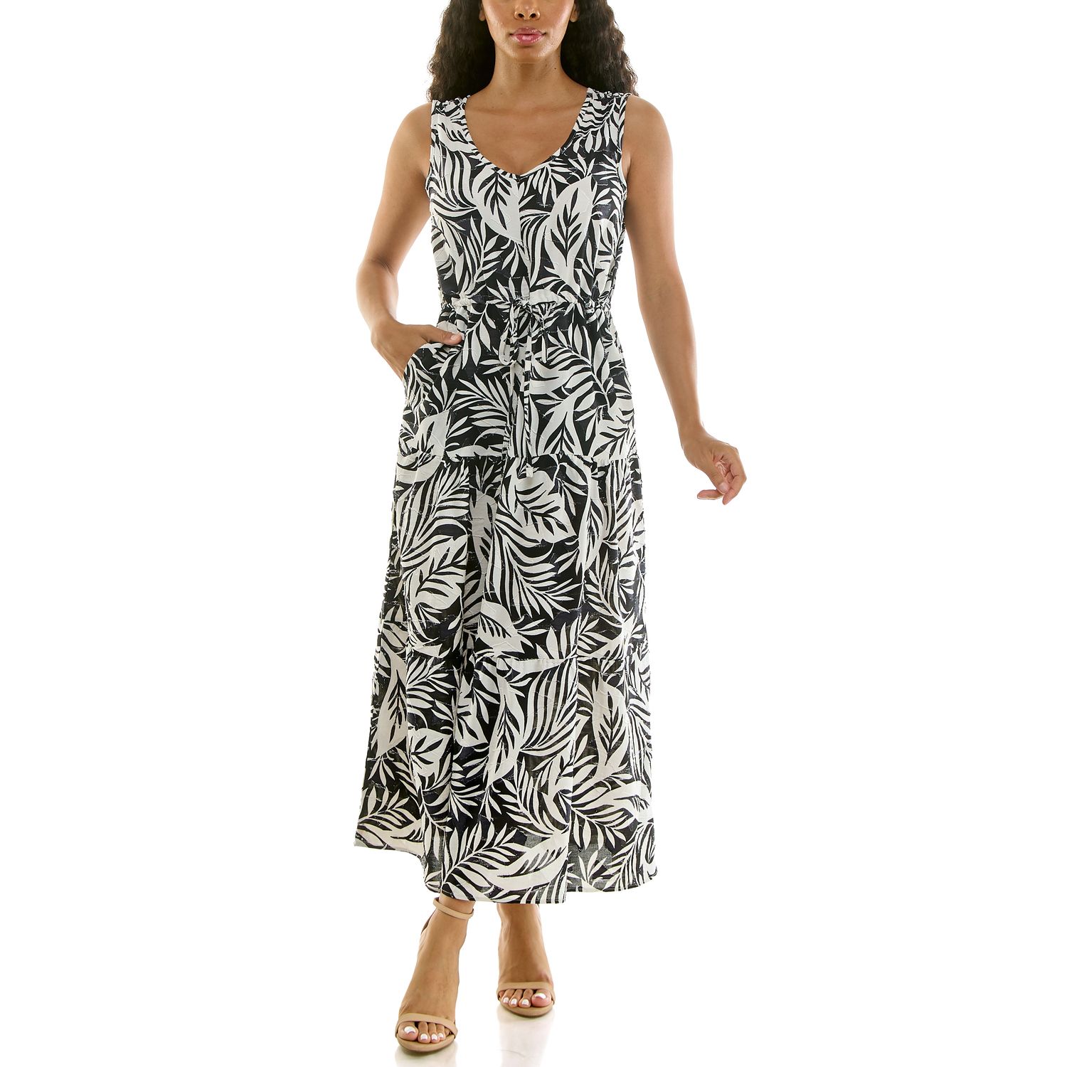 Женское платье Nina Leonard V-Neck Waist Tiered, цвет: Чёрный белый — фото 1