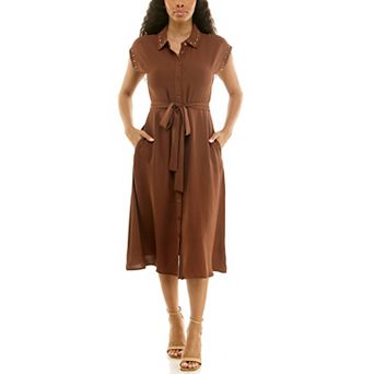 Women's Nina Leonard Button Front Belted Shirt Dress
