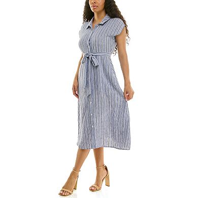Women's Nina Leonard Striped Cap Sleeve Button-Front Shirt Dress