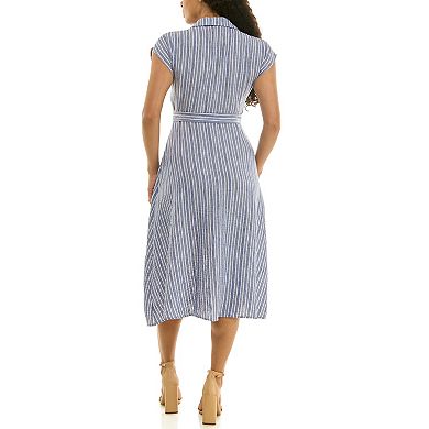 Women's Nina Leonard Striped Cap Sleeve Button-Front Shirt Dress