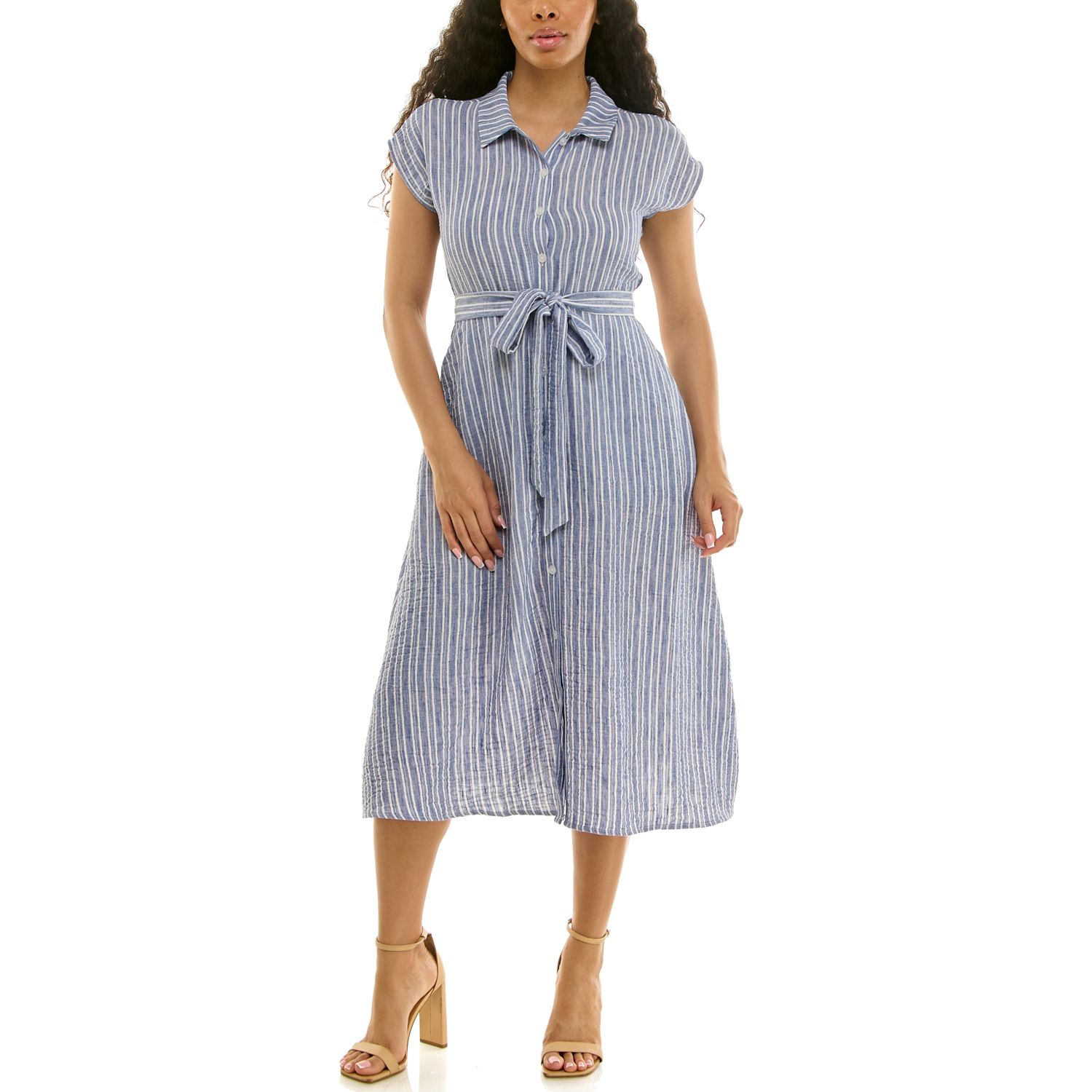 Женское платье Nina Leonard Striped Cap Sleeve Button-Front Shirt Dress, цвет: Джинсовый белый — фото 1