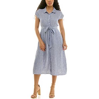 Women's Nina Leonard Striped Cap Sleeve Button-Front Shirt Dress