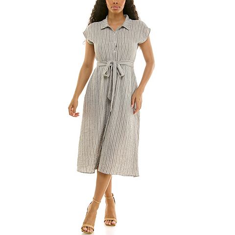 Женские платья Nina Leonard Women's Nina Leonard Striped Cap Sleeve Button-Front Shirt Dress