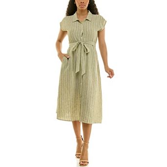 Women's Nina Leonard Striped Cap Sleeve Button-Front Shirt Dress