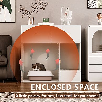 Cat Litter Box Enclosure, Furniture Style Hidden Litter Box Cat Cabinet With Storage, White