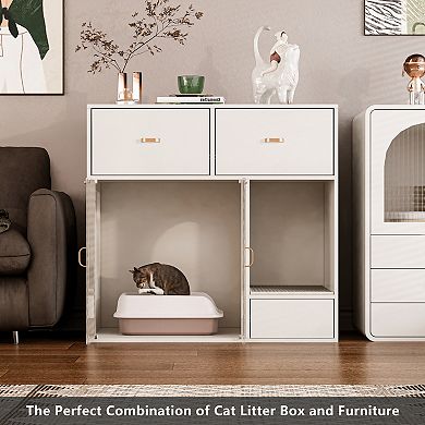 Cat Litter Box Enclosure, Furniture Style Hidden Litter Box Cat Cabinet With Storage, White