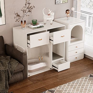 Cat Litter Box Enclosure, Furniture Style Hidden Litter Box Cat Cabinet With Storage, White