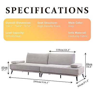 Sectional Sofa Couch Grey Corduroy 4 Seater Modern Modular Armless Sleeper with Removable Pillows
