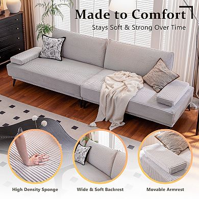 Sectional Sofa Couch Grey Corduroy 4 Seater Modern Modular Armless Sleeper with Removable Pillows