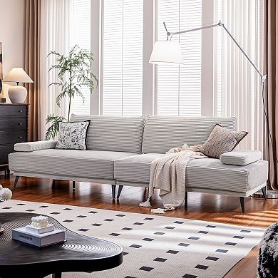 Sectional Sofa Couch Grey Corduroy 4 Seater Modern Modular Armless Sleeper with Removable Pillows