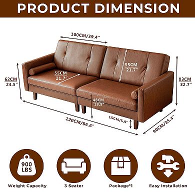 86.6"W Leather Sectional Sofa, Mid-century Modern Oversized 3-seater Tufted Modular Couch, Brown