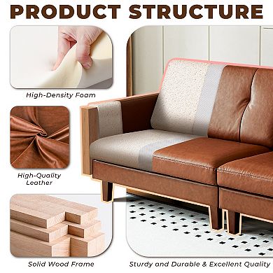 86.6"W Leather Sectional Sofa, Mid-century Modern Oversized 3-seater Tufted Modular Couch, Brown