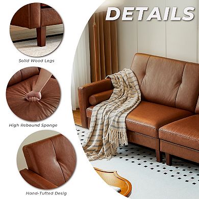 86.6"W Leather Sectional Sofa, Mid-century Modern Oversized 3-seater Tufted Modular Couch, Brown
