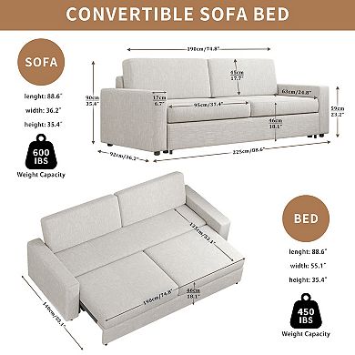 88.6'' Convertible Sleeper Sofa Bed, Modern Linen Fabric Pull Out Sleeper Couch Bed Space-Saving
