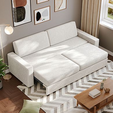 88.6'' Convertible Sleeper Sofa Bed, Modern Linen Fabric Pull Out Sleeper Couch Bed Space-Saving