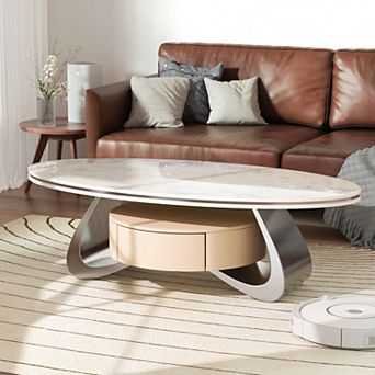 47.2'' Oval Coffee Table with Storage, Modern Center Table with Marble Tabletop for Living Room