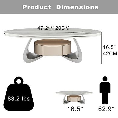 47.2'' Oval Coffee Table with Storage, Modern Center Table with Marble Tabletop for Living Room
