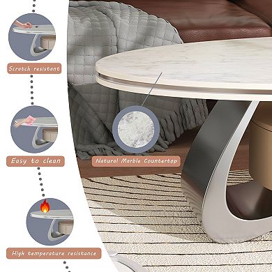 47.2'' Oval Coffee Table with Storage, Modern Center Table with Marble Tabletop for Living Room