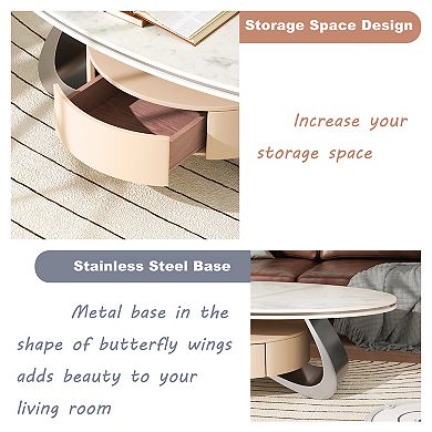 47.2'' Oval Coffee Table with Storage, Modern Center Table with Marble Tabletop for Living Room