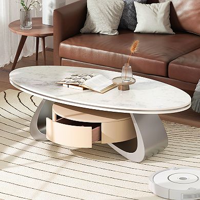 47.2'' Oval Coffee Table with Storage, Modern Center Table with Marble Tabletop for Living Room