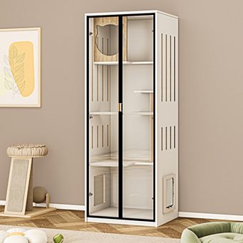 Furniture Style Cat House with Cat Climbing Frame, Enclosed Glass Cat Cabinet Pet Display Cabinet
