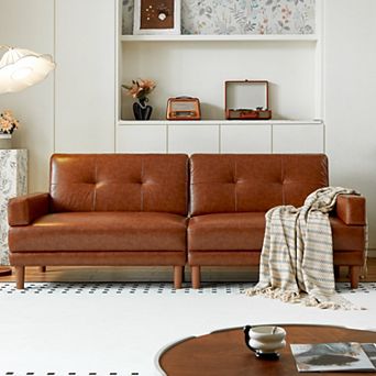 Mid-Century Modern 94''W High-End Vintage Sofa, 3-Seat Brown Oil Wax Leather Couch With Wooden