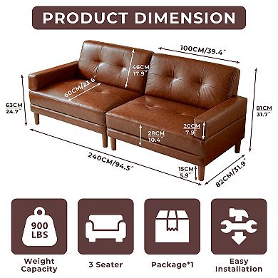 94.5''W Leather Sofa, 3-seater Sectional Couch, Mid-century Modern Tufted Upholstered Loveseat