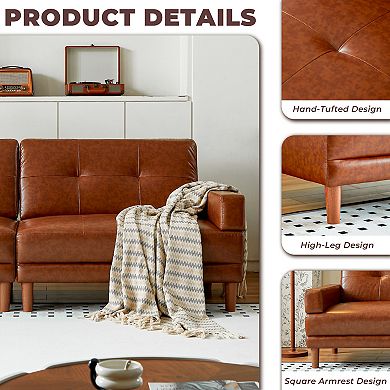 94.5''W Leather Sofa, 3-seater Sectional Couch, Mid-century Modern Tufted Upholstered Loveseat