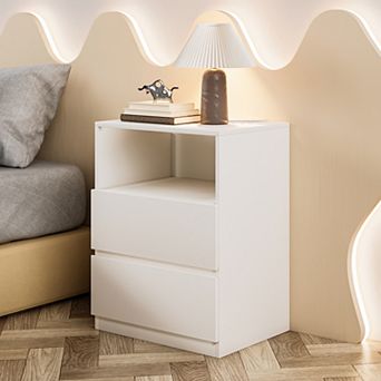 White Wooden Freestanding Storage Cabinet, Floor Cabinet Nightstands with Drawers and Open Shelf