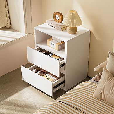 White Nightstand with Storage, Wood Bedside Table, Modern End Table for Bedroom and Living Room