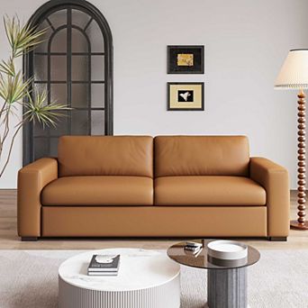 Leather Sofa Couch Square Arm Upholstered Sofa, Mid-Century Modern Style Loveseat for Living Room