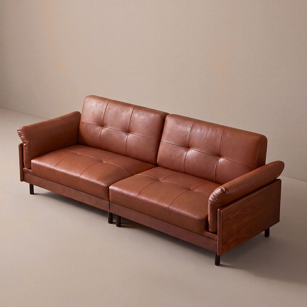 90.6''W Brown Leather Sofa, Mid-century Modern Loveseat, 4-seater