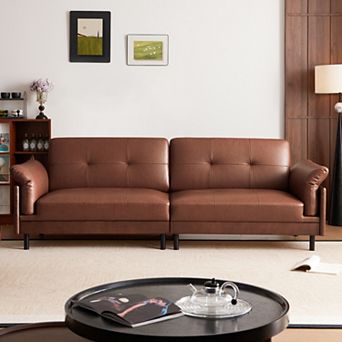 Mid Century Brown Leather Sofa, Vintage Leather Sectional Couch with Solid Walnut Base and Tufted