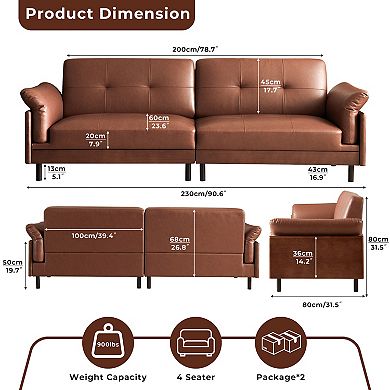 Mid Century Brown Leather Sofa, Vintage Leather Sectional Couch with Solid Walnut Base and Tufted